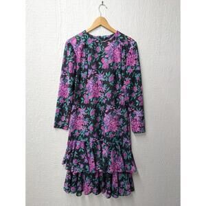 Vintage 80s Anthony Richards Purple Floral Ruffle Long Sleeve Dress Size 12